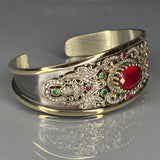 Ruby & Emerald Ottoman Bangle: 925 Sterling Silver Filigree, Handmade, Hurrem Sultan Design