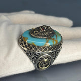 Turquoise Lion Head Men’s Ring 925 Sterling Silver, Bronze Accents