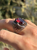Vintage Sterling Silver Men's Garnet Ring: Handcrafted Gothic Statement Jewelry
