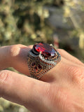 Vintage Sterling Silver Men's Garnet Ring: Handcrafted Gothic Statement Jewelry