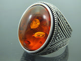 Turkish Handmade Jewelry 925 Sterling Silver Amber Stone Mens Rings