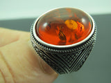 Turkish Handmade Jewelry 925 Sterling Silver Amber Stone Mens Rings