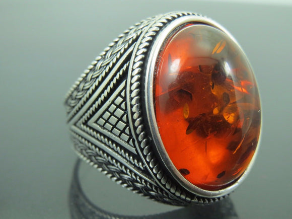 Turkish Handmade Jewelry 925 Sterling Silver Amber Stone Mens Rings