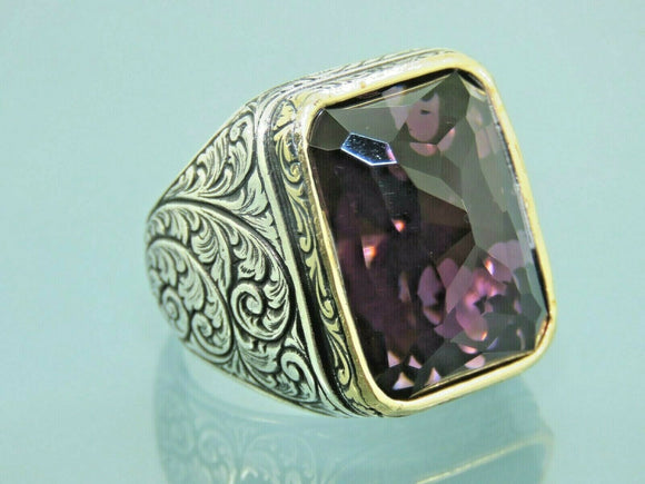 Turkish Handmade Jewelry 925 Sterling Silver Amethyst Stone Engraved Mens Rings