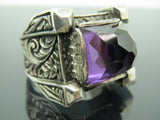 Turkish Handmade Jewelry 925 Sterling Silver Amethyst Stone Engraved Mens Rings