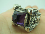 Turkish Handmade Jewelry 925 Sterling Silver Amethyst Stone Engraved Mens Rings
