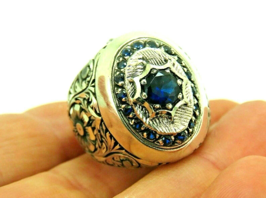 Turkish Handmade Jewelry 925 Sterling Silver Sapphire Stone Engraved Men's Rings