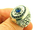 Turkish Handmade Jewelry 925 Sterling Silver Sapphire Stone Engraved Men's Rings