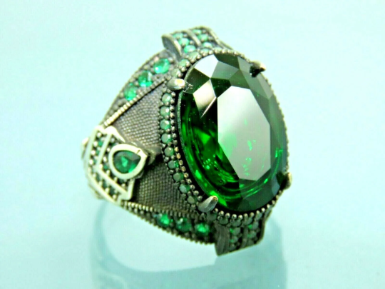 Turkish Handmade Jewelry 925 Sterling Silver Emerald Stone Mens Rings