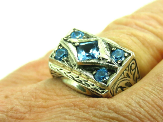 Turkish Handmade Jewelry 925 Sterling Silver Aquamarine Stone Engraved Men's Rings