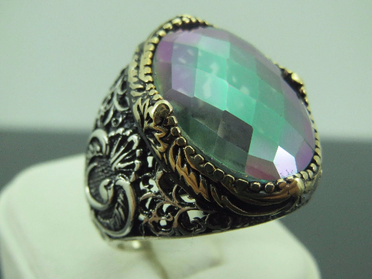 Turkish Handmade Jewelry 925 Sterling Silver Rainbow Stone Mens Rings