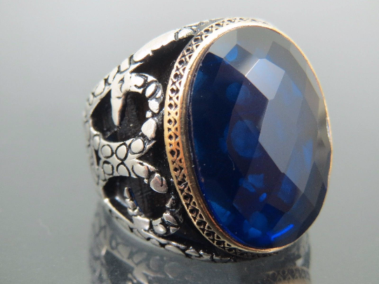 Turkish Handmade Jewelry 925 Sterling Silver Sapphire Stone Mens Rings