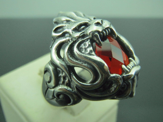 Turkish Handmade Jewelry 925 Sterling Silver Garnet Stone Lion Mens Rings