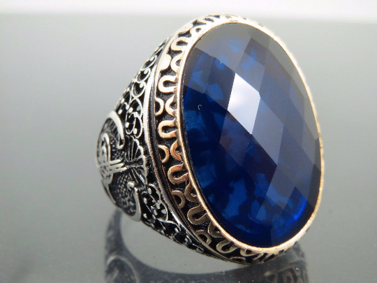 Turkish Handmade Jewelry 925 Sterling Silver Sapphire Stone Mens Rings