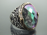 Turkish Handmade Jewelry 925 Sterling Silver Rainbow Stone Mens Rings