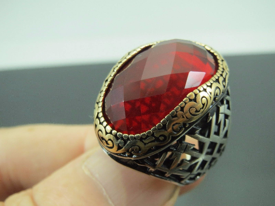 Turkish Handmade Jewelry 925 Sterling Silver Garnet Stone Men's Ring Sz 8