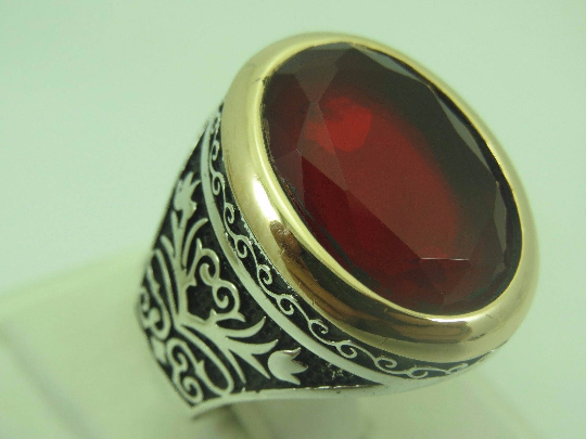 Turkish Handmade Jewelry 925 Sterling Silver Garnet Stone Men's Ring Sz 10