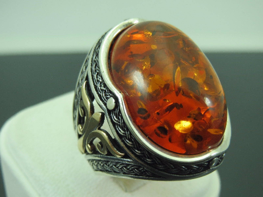 Turkish Handmade Jewelry 925 Sterling Silver Amber Stone Mens Rings