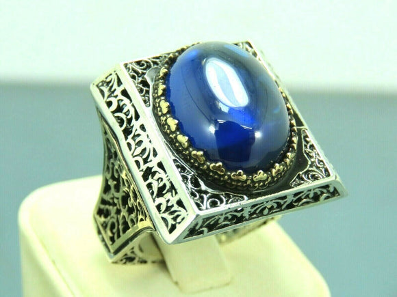 Turkish Handmade Jewelry 925 Sterling Silver Sapphire Stone Mens Rings