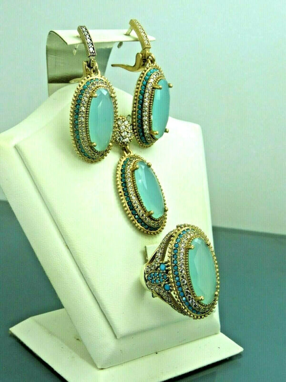 Turkish Handmade Jewelry 925 Sterling Silver Chalcedony Stone Women's Earrings, Pendant & Ring Jewelry Set