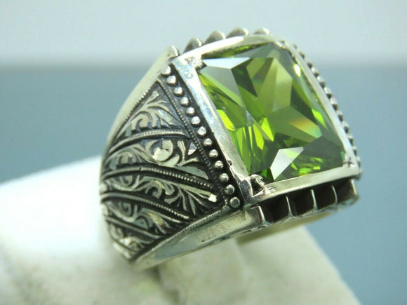 Turkish Handmade Jewelry 925 Sterling Silver Peridot Stone Engraved Mens Rings