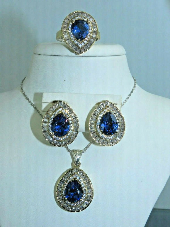 Turkish Handmade Jewelry 925 Sterling Silver Sapphire Stone Women's Earrings, Pendant & Ring Jewelry Set