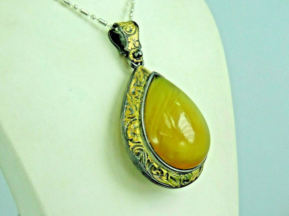 Turkish Handmade Jewelry 925 Sterling Silver Amber Stone Engraved Women Necklace