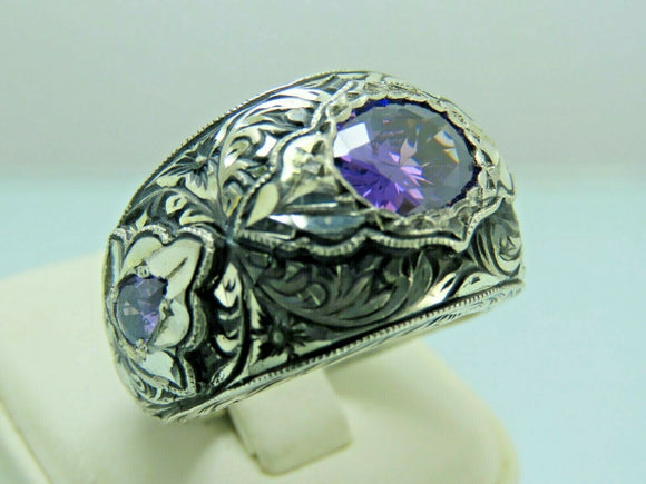 Turkish Handmade Jewelry 925 Sterling Silver Amethyst Stone Engraved Mens Rings