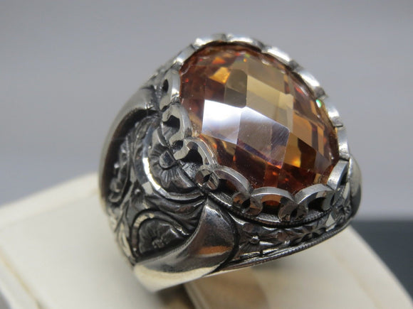 Turkish Handmade Jewelry 925 Sterling Silver Citrine Stone Mens Rings