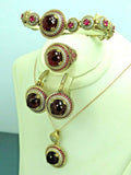 Turkish Handmade Jewelry 925 Sterling Silver Ruby Stone Women's Pendant, Earring, Bracelet & Ring Jewelry Set