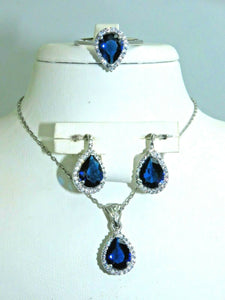 Turkish Handmade Jewelry 925 Sterling Silver Sapphire Stone Women's Earrings, Pendant & Ring Jewelry Set