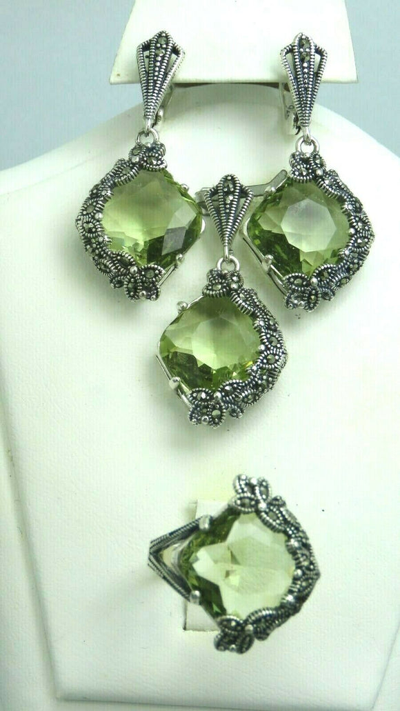 Turkish Handmade Jewelry 925 Sterling Silver Peridot Stone Women's Earrings, Pendant & Ring Jewelry Set
