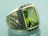 Turkish Handmade Jewelry 925 Sterling Silver Peridot Stone Engraved Mens Rings