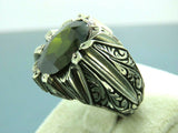 Turkish Handmade Jewelry 925 Sterling Silver Peridot Stone Engraved Mens Rings