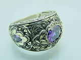 Turkish Handmade Jewelry 925 Sterling Silver Amethyst Stone Engraved Mens Rings