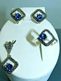 Turkish Handmade Jewelry 925 Sterling Silver Sapphire Stone Women's Earrings, Pendant & Ring Jewelry Set