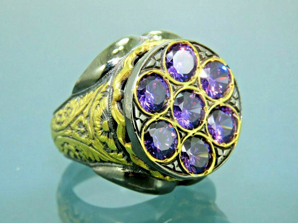 Turkish Handmade Jewelry 925 Sterling Silver Amethyst Stone Engraved Mens Rings