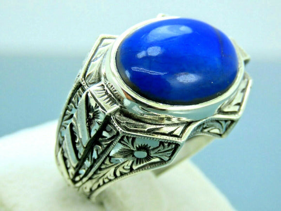 Turkish Handmade Jewelry 925 Sterling Silver Lapis Stone Engraved Mens Rings