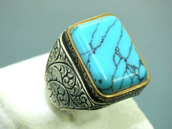 Turkish Handmade Jewelry 925 Sterling Silver Turquoise Stone Engraved Mens Rings