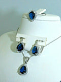 Turkish Handmade Jewelry 925 Sterling Silver Sapphire Stone Women's Earrings, Pendant & Ring Jewelry Set