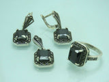 Turkish Handmade Jewelry 925 Sterling Silver Onyx Stone Women's Earrings, Pendant & Ring Jewelry Set