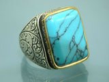 Turkish Handmade Jewelry 925 Sterling Silver Turquoise Stone Engraved Mens Rings