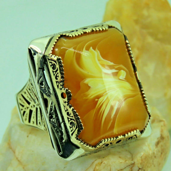 Turkish Handmade Jewelry 925 Sterling Silver Amber Stone Mens Rings