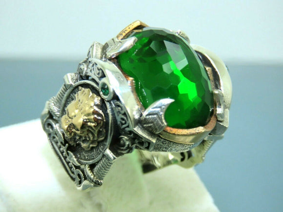 Turkish Handmade Jewelry 925 Sterling Silver Emerald Stone Mens Rings