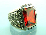 Turkish Handmade Jewelry 925 Sterling Silver Garnet Stone Engraved Mens Rings