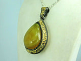 Turkish Handmade Jewelry 925 Sterling Silver Amber Stone Engraved Women Necklace