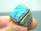Turkish Handmade Jewelry 925 Sterling Silver Turquoise Stone Engraved Mens Rings