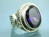 Turkish Handmade Jewelry 925 Sterling Silver Amethyst Stone Engraved Mens Rings