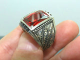 Turkish Handmade Jewelry 925 Sterling Silver Garnet Stone Engraved Mens Rings