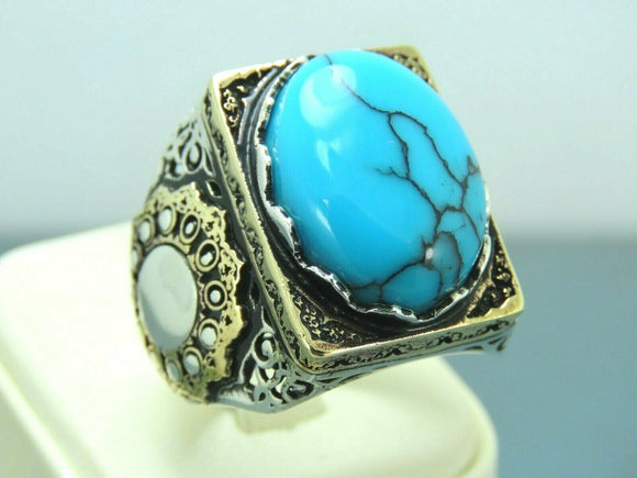 Turkish Handmade Jewelry 925 Sterling Silver Turquoise Stone Mens Rings